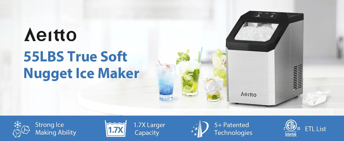 Countertop Nugget Ice Maker, 55Lbs/Day, Ice Release in 5 Mins, Self-Cleaing with Stainless Steel Housing, Stainless Steel