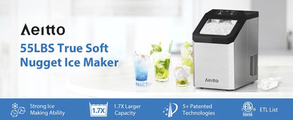 Countertop Nugget Ice Maker, 55Lbs/Day, Ice Release in 5 Mins, Self-Cleaing with Stainless Steel Housing, Stainless Steel
