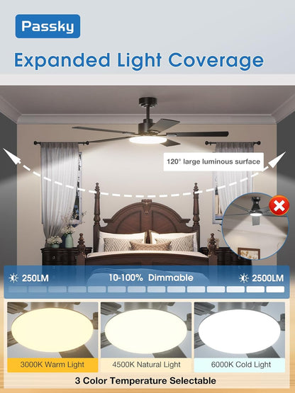 Ceiling Fans with Lights, 52 Inch Sleek Ceiling Fan with Light and Remote Control, 3CCT, Dimmable, Reversible, Noiseless, Black Ceiling Fan for Bedroom, Living Room