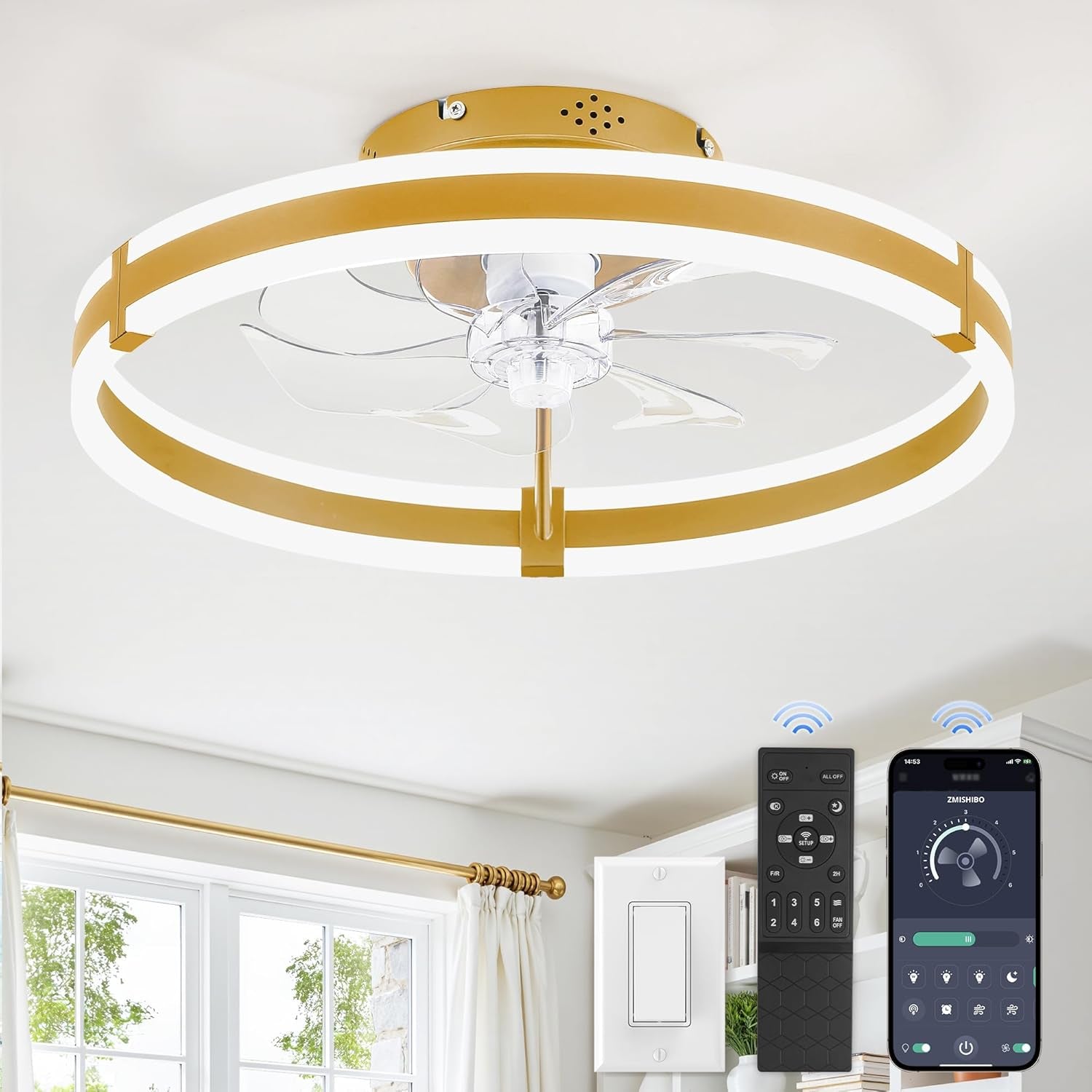 Ceiling Fans with Lights and Remote, 19.7'' Low Profile Ceiling Fan, 3000-6000K Dimmable Modern Flush Mount LED Fan Light, 6 Wind Speeds, Black Fandelier Ceiling Fans for Bedroom