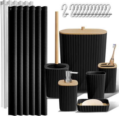 Bathroom Accessories Set - Bathroom Set, Bathroom Accessory Set, Shower Curtain Set, Toilet Brush, Trash Can & Soap Dispenser - Black - 20PC
