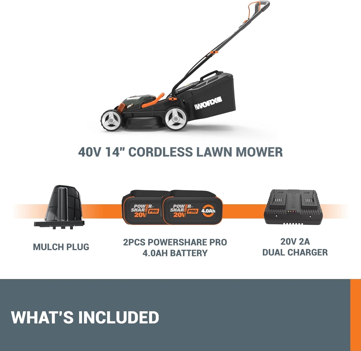 40V 14" Cordless Lawn Mower for Small Yards, 2-In-1 Electric Mower Cuts Quietly, Compact & Lightweight Push Lawn Mower with 6-Position Height Adjustment WG779 – 2 Batteries & Charger Included