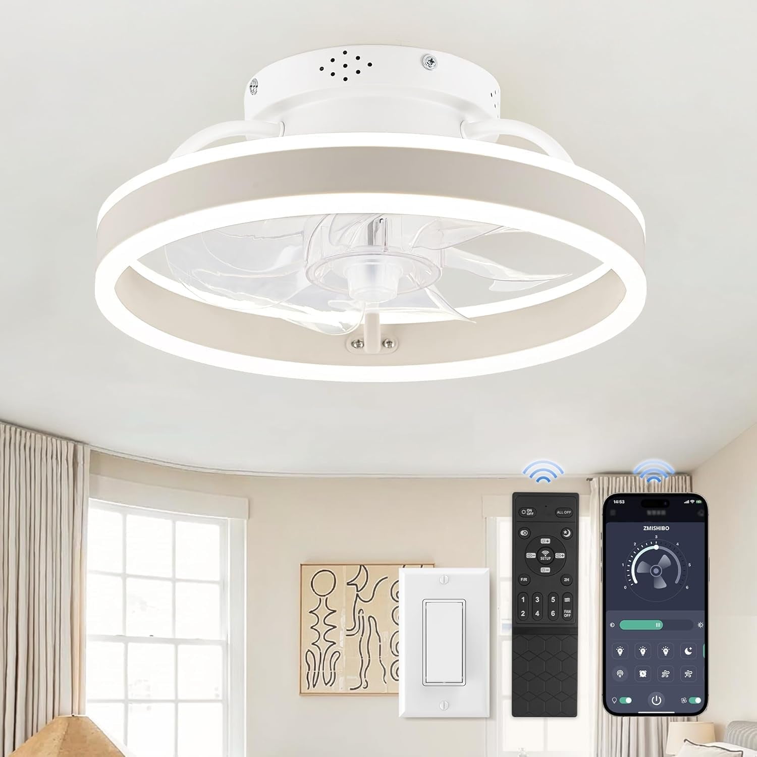 Ceiling Fans with Lights and Remote, 19.7'' Low Profile Ceiling Fan, 3000-6000K Dimmable Modern Flush Mount LED Fan Light, 6 Wind Speeds, Black Fandelier Ceiling Fans for Bedroom