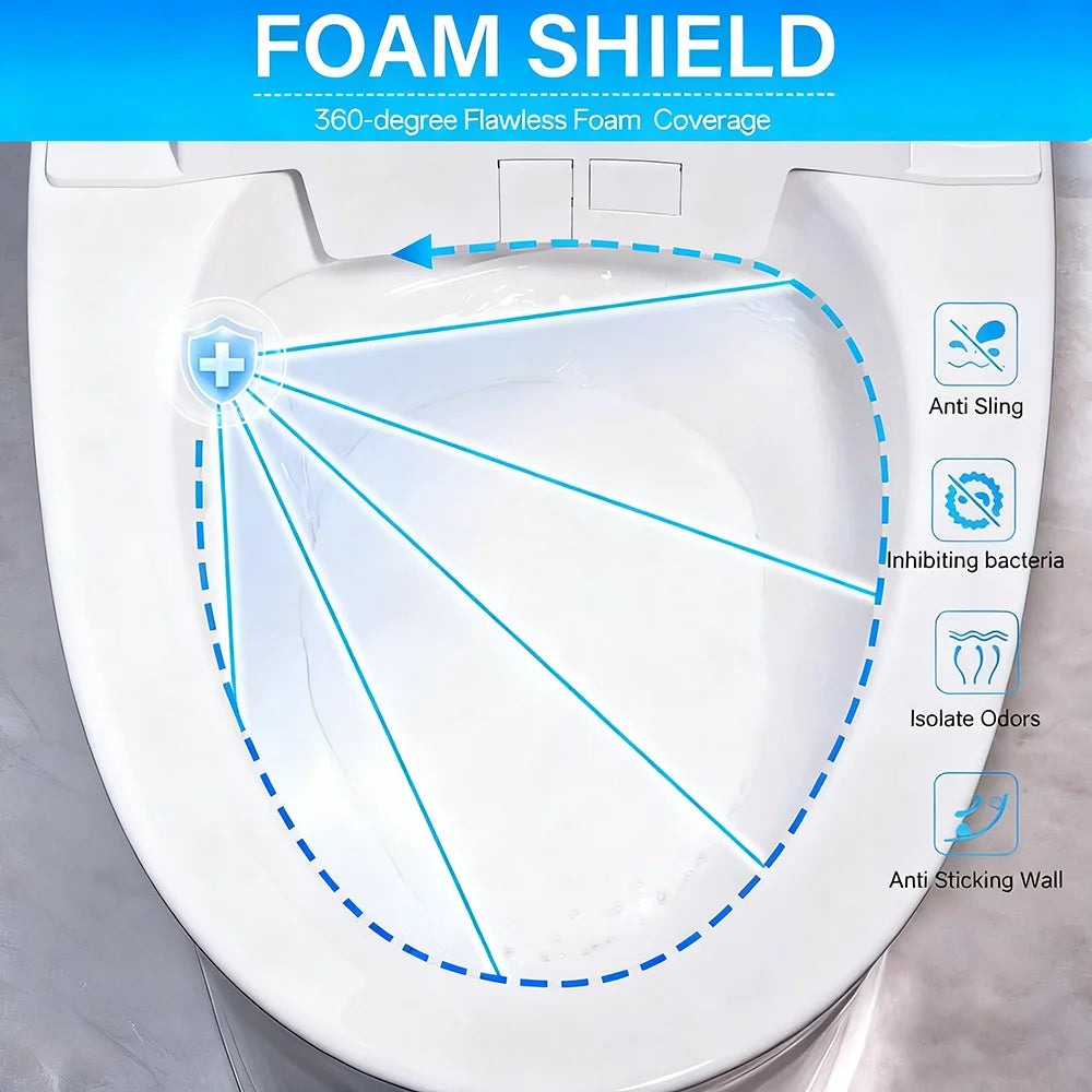 Smart Toilet Built-In Foam Shield Splash Proof & Tank, Auto Open/Close Lid,Ada Chair Height,Foot Sensor Flush