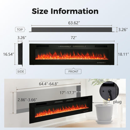 72 Inch Electric Fireplace, Recessed and Wall Mounted Electric Fireplace Heater, Linear Fireplace with Remote Control & Touch Screen, Thermostat, Timer, Adjustable Flame Color, 750/1500W