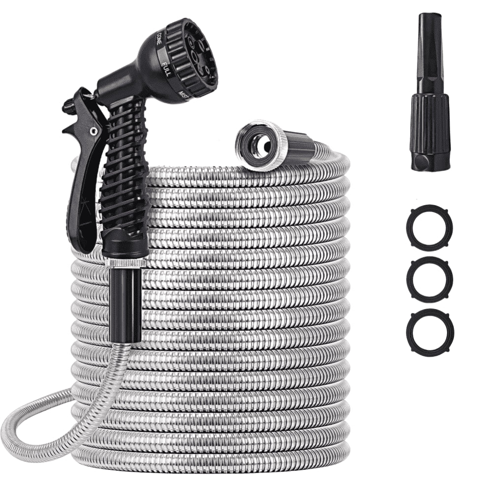 Garden Hose 100 FT,304 Stainless Steel Heavy Duty Water Hose with 7 Function Nozzles No-Kink Rust Proof for Yard Outdoor