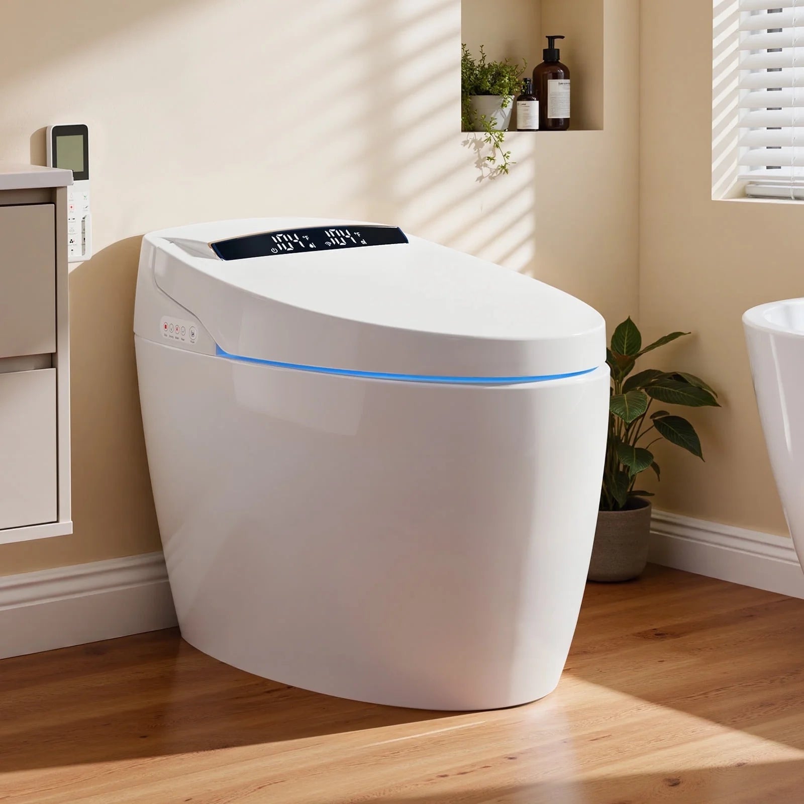 Smart Toilet with Tankless Bidet Wash, Auto-Open Lid/Seat, 1.28 Gallons Auto Dual Flush, Heat Seat, Warm Wash/Dryer, Soft Closing, Remote Control