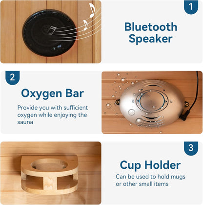 Infrared Home Sauna Room 1 Person Hemlock Wooden Indoor Sauna,7 Carbon 1560W/120V Heaters,With Led Color Therapy Light,Bluetooth Speaker,Tempered Glass,Touch-Tone Keypad and a Top Vent