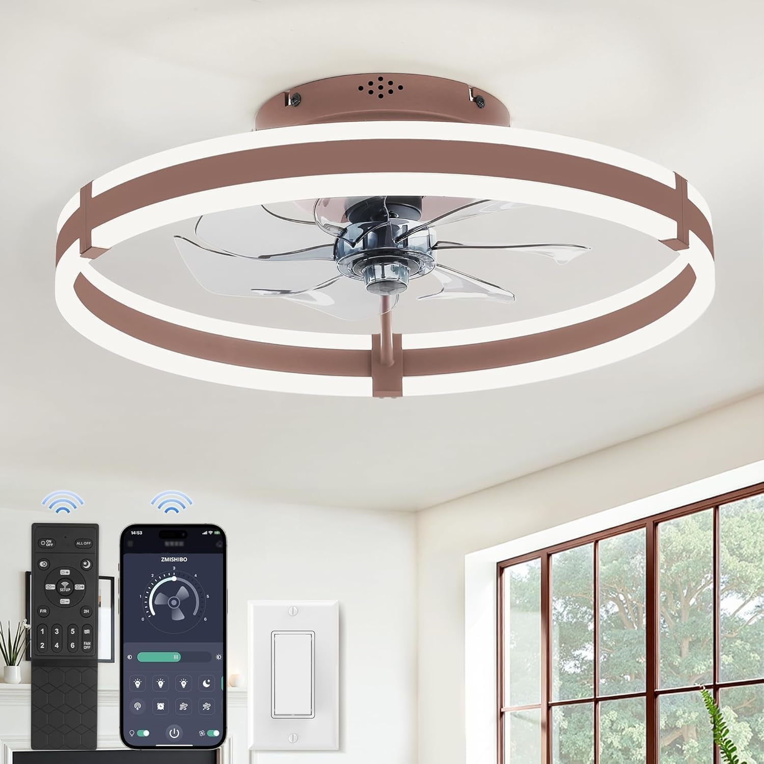 Ceiling Fans with Lights and Remote, 19.7'' Low Profile Ceiling Fan, 3000-6000K Dimmable Modern Flush Mount LED Fan Light, 6 Wind Speeds, Black Fandelier Ceiling Fans for Bedroom