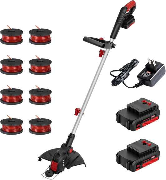 20V 12'' Cordless String Trimmer, Grass Trimmer&Edger with 8 Replacement Spools, Battery Powered Weed Trimmer with Auto Line Feed for Garden, Lawn(2 * 2AH Battery and Charger Included),St12D07