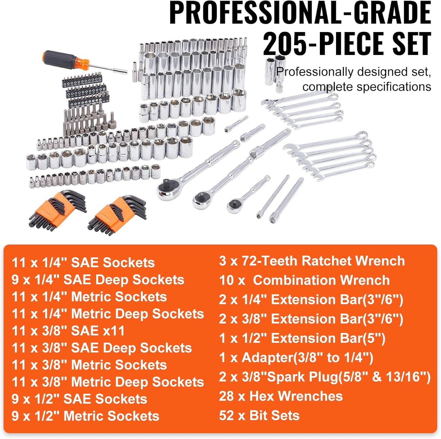 Mechanics Tool Set, 205 Pcs SAE and Metric Sockets, 1/4" 3/8" 1/2" Drive Deep and Standard Sockets, Chrome Vanadium Steel, Polyethylene