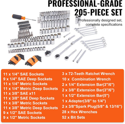 Mechanics Tool Set, 205 Pcs SAE and Metric Sockets, 1/4" 3/8" 1/2" Drive Deep and Standard Sockets, Chrome Vanadium Steel, Polyethylene