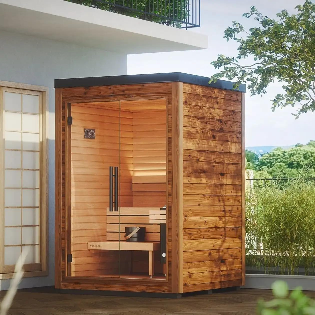 Modern Outdoor Cabin Sauna Kit, Glass Front Panel, Cedar Interior, Weather-Resistant Black Exterior