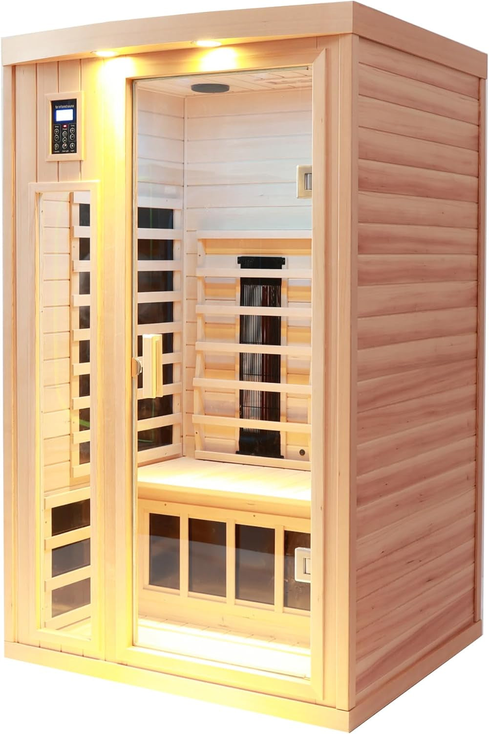 Two Person Hemlock Far Infrared Heating Sauna with Reading Lights + Colored Lights + Bluetooth + External Lights