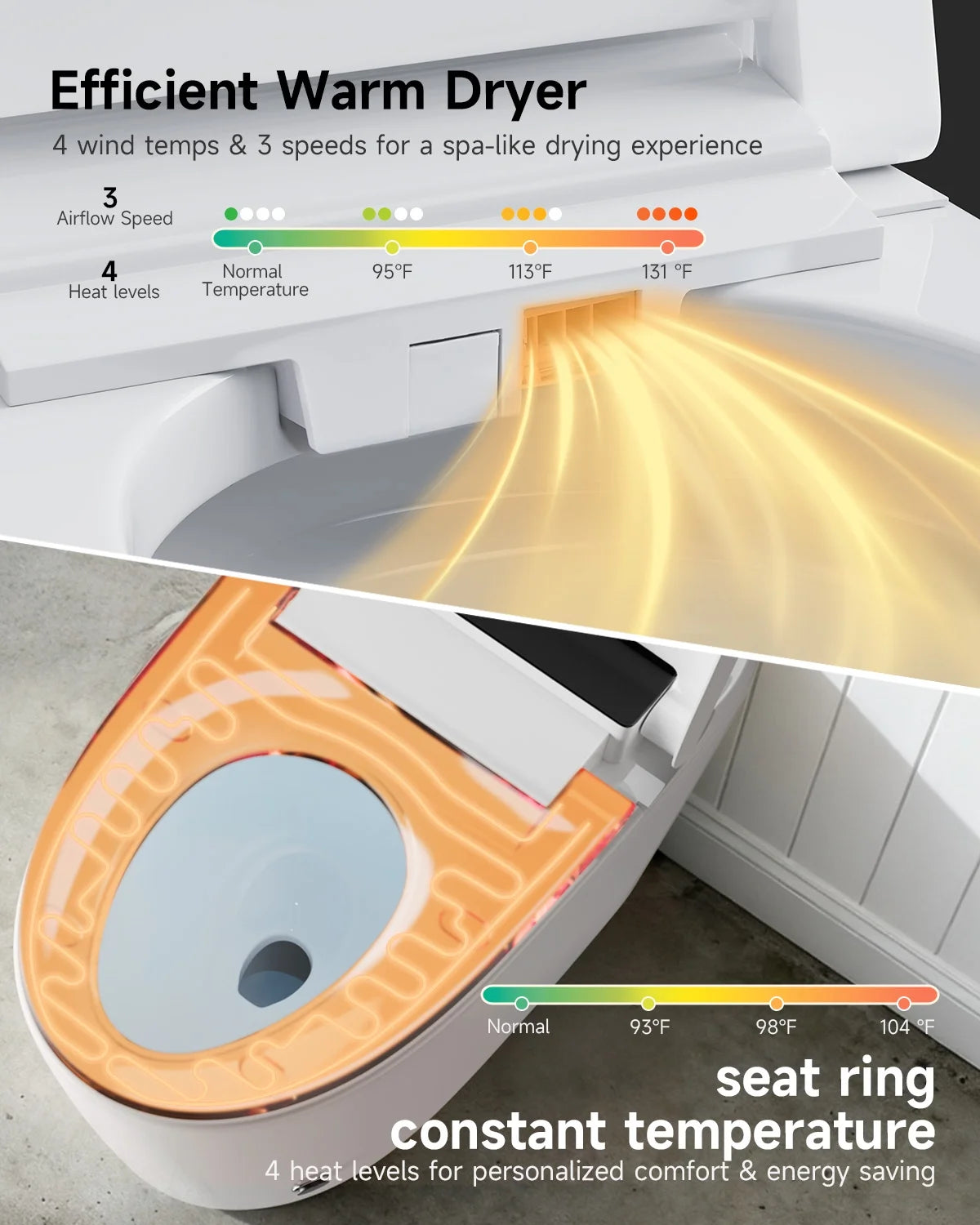 Smart Toilet with Tankless Bidet Wash, Auto-Open Lid/Seat, 1.28 Gallons Auto Dual Flush, Heat Seat, Warm Wash/Dryer, Soft Closing, Remote Control