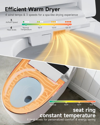 Smart Toilet with Tankless Bidet Wash, Auto-Open Lid/Seat, 1.28 Gallons Auto Dual Flush, Heat Seat, Warm Wash/Dryer, Soft Closing, Remote Control