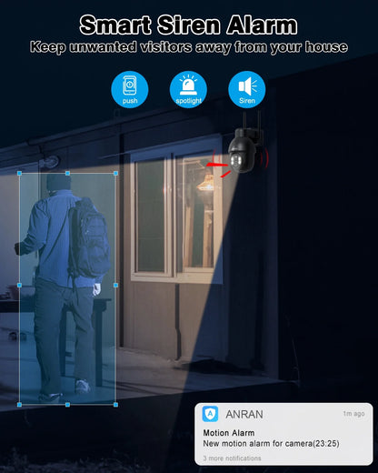 2K Security Camera Wireless Outdoor, Solar Outdoor Camera with 360° View, Smart Siren, Spotlights, 3MP Color Night Vision, AI Human Detection, 2-Way Talk