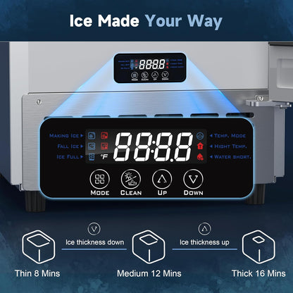 under Counter Ice Maker Machine, Stainless Steel Built-In Freestanding Ice Maker for Commercial & Home Use, 80 Lbs/Day, 30 Lbs Storage, Self Cleaning, Thicknesses Adjustable