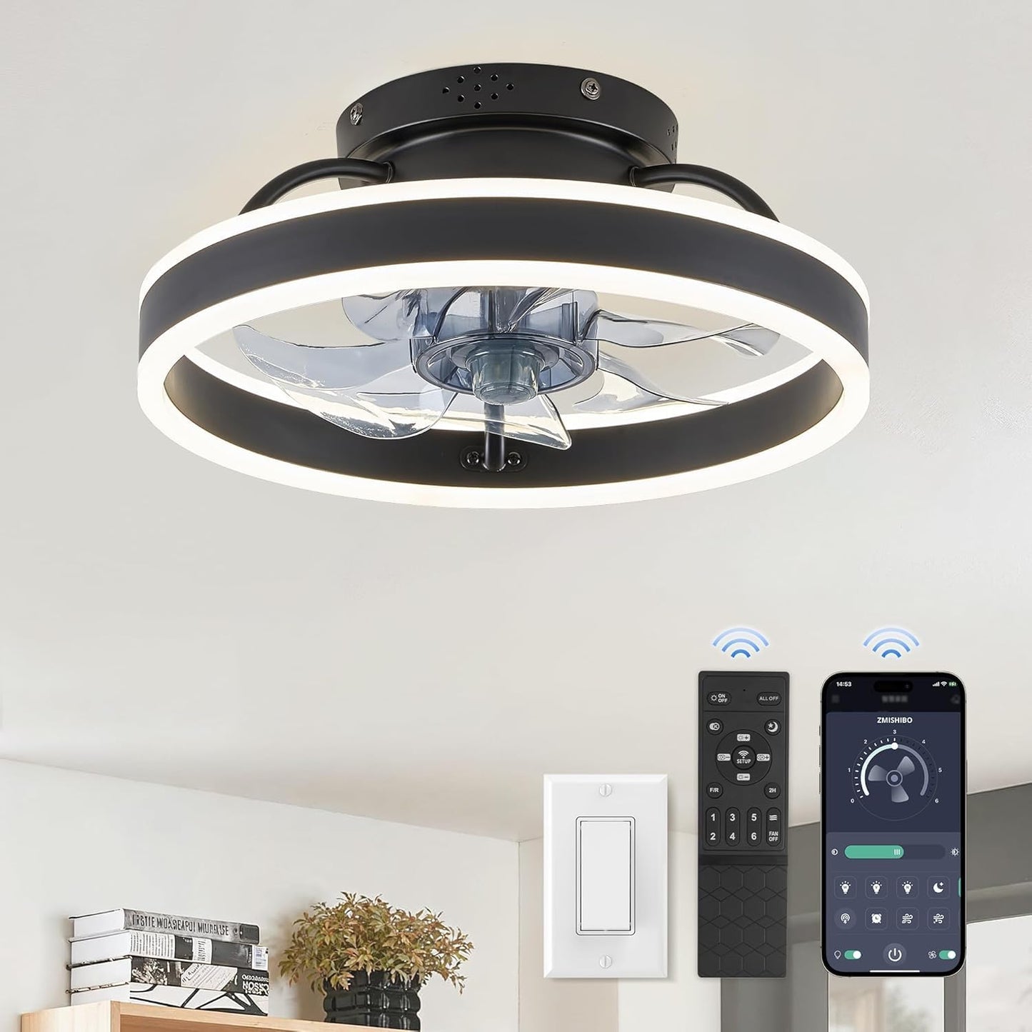 Ceiling Fans with Lights and Remote, 19.7'' Low Profile Ceiling Fan, 3000-6000K Dimmable Modern Flush Mount LED Fan Light, 6 Wind Speeds, Black Fandelier Ceiling Fans for Bedroom