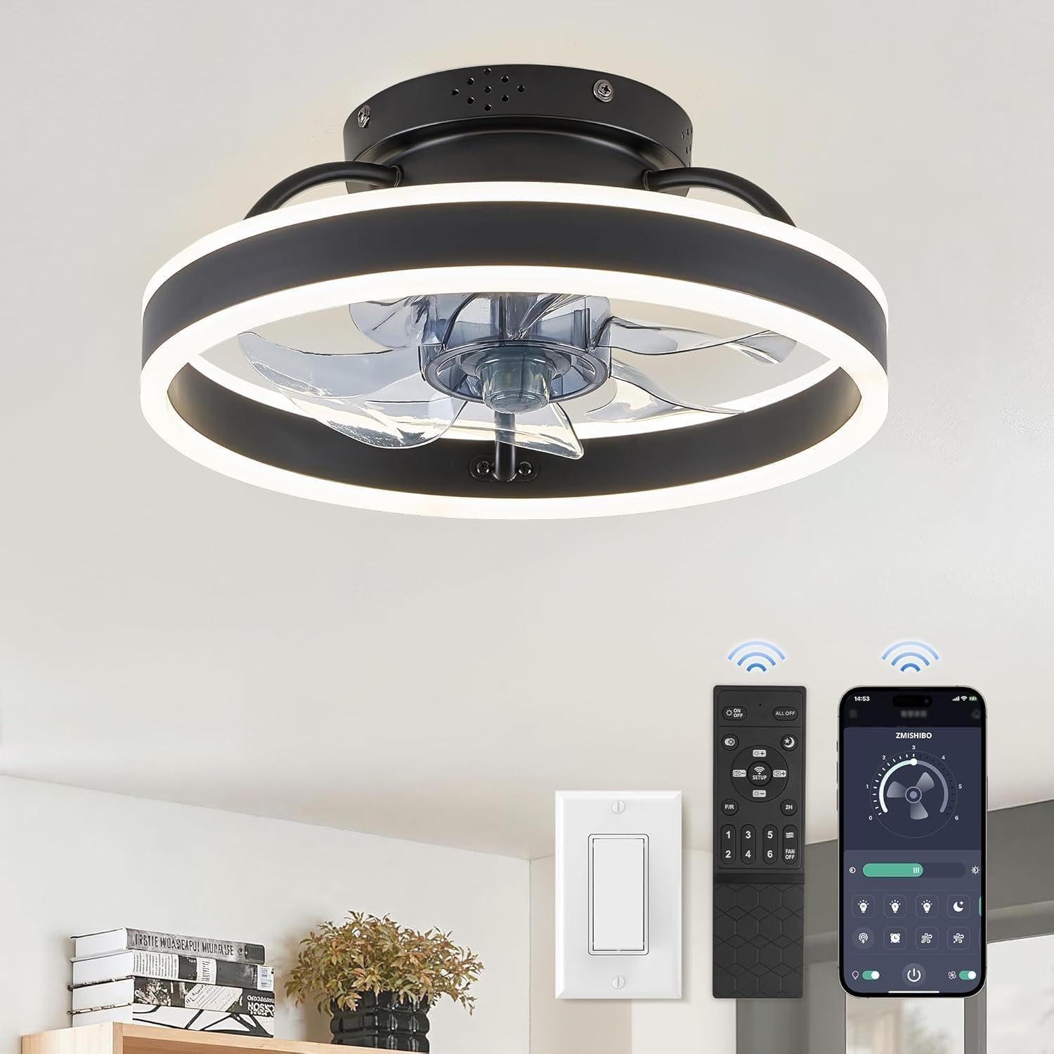Ceiling Fans with Lights and Remote, 19.7'' Low Profile Ceiling Fan, 3000-6000K Dimmable Modern Flush Mount LED Fan Light, 6 Wind Speeds, Black Fandelier Ceiling Fans for Bedroom