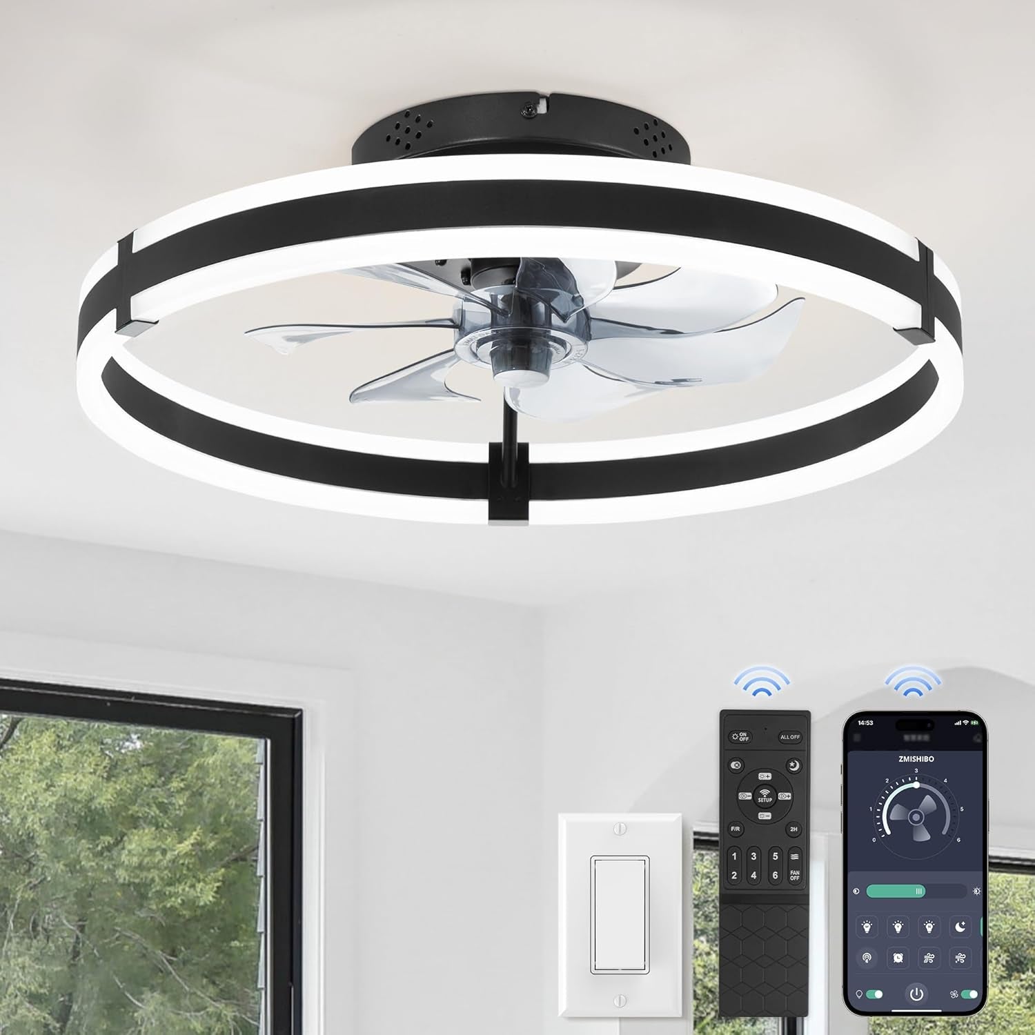 Ceiling Fans with Lights and Remote, 19.7'' Low Profile Ceiling Fan, 3000-6000K Dimmable Modern Flush Mount LED Fan Light, 6 Wind Speeds, Black Fandelier Ceiling Fans for Bedroom