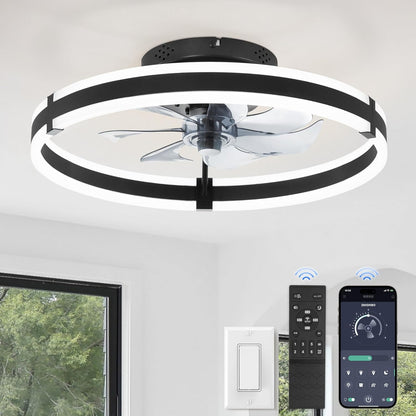 Ceiling Fans with Lights and Remote, 19.7'' Low Profile Ceiling Fan, 3000-6000K Dimmable Modern Flush Mount LED Fan Light, 6 Wind Speeds, Black Fandelier Ceiling Fans for Bedroom