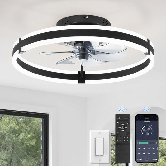 Ceiling Fans with Lights and Remote, 19.7'' Low Profile Ceiling Fan, 3000-6000K Dimmable Modern Flush Mount LED Fan Light, 6 Wind Speeds, Black Fandelier Ceiling Fans for Bedroom