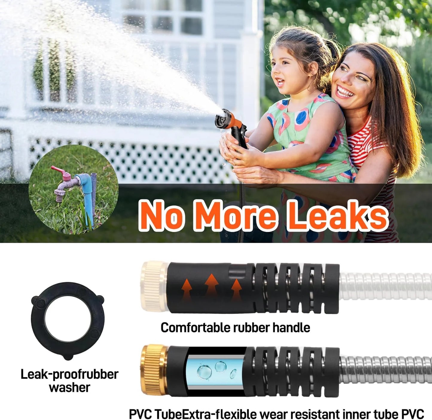 Garden Hose 75FT, 10 Pattern Thumb Spray Nozzle, No-Kink Flexible 304 Stainless Steel Water Hose, Lightweight Leak & Rust Proof Water Hose for Yard, Outdoor, 3/4" Swivel Connectors