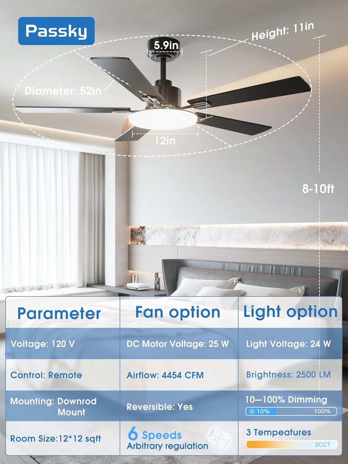 Ceiling Fans with Lights, 52 Inch Sleek Ceiling Fan with Light and Remote Control, 3CCT, Dimmable, Reversible, Noiseless, Black Ceiling Fan for Bedroom, Living Room