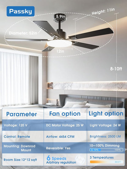 Ceiling Fans with Lights, 52 Inch Sleek Ceiling Fan with Light and Remote Control, 3CCT, Dimmable, Reversible, Noiseless, Black Ceiling Fan for Bedroom, Living Room