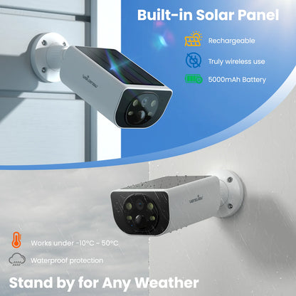 2K Solar Camera Wifi Outdoor Wireless with Spotligt, Waterproof, PIR Alert, Siren, Color Night Vision, Two-Way Audio, Works with Alexa
