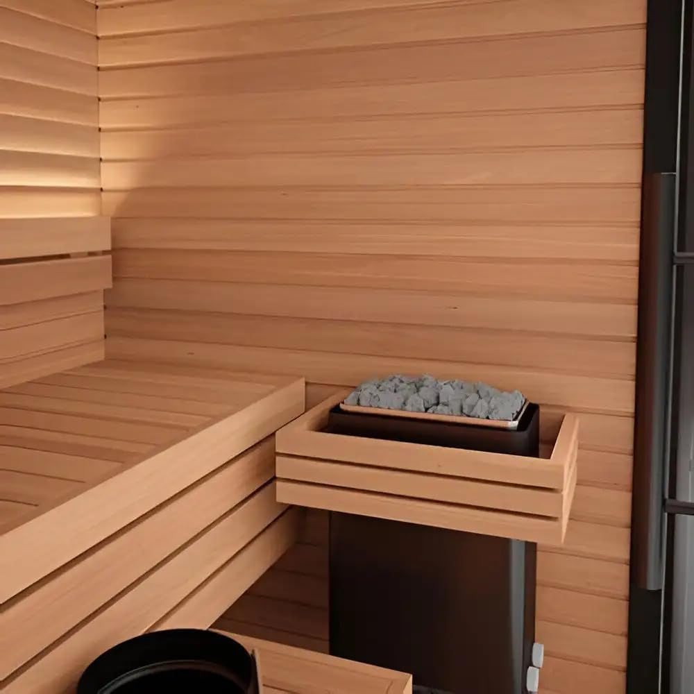 Modern Outdoor Cabin Sauna Kit, Glass Front Panel, Cedar Interior, Weather-Resistant Black Exterior