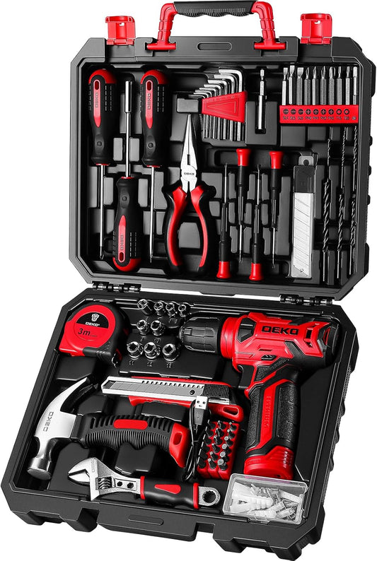 Drill Set: Tool Set with 8V Red Cordless Drill, Home Tool Kit with Drill, Hand Tool Kits for Women 126 Piece