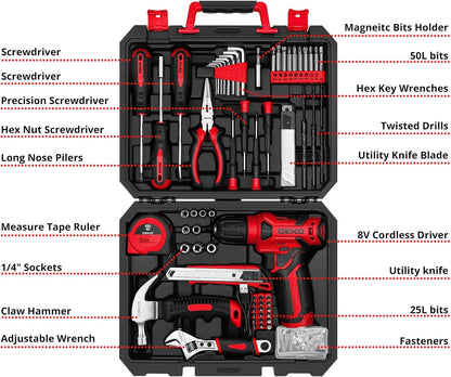 Drill Set: Tool Set with 8V Red Cordless Drill, Home Tool Kit with Drill, Hand Tool Kits for Women 126 Piece