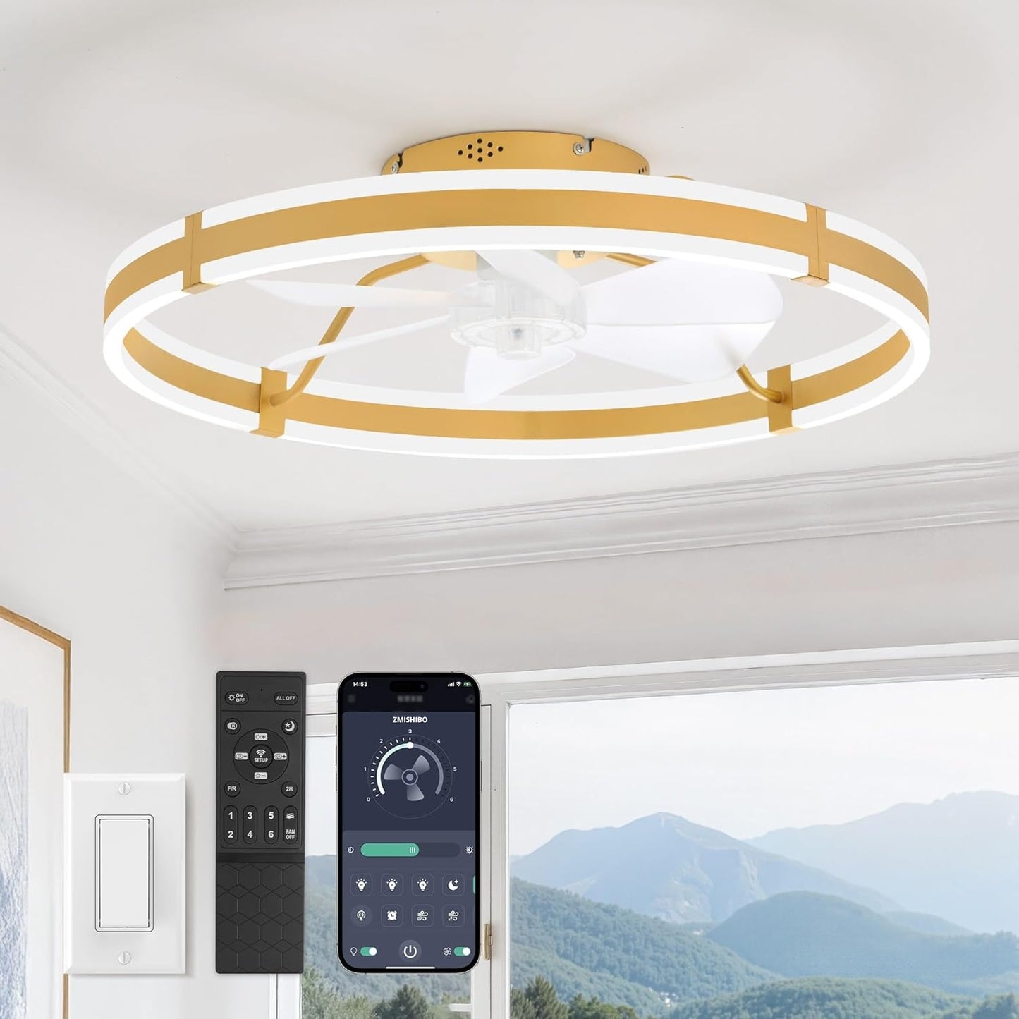 Ceiling Fans with Lights and Remote, 19.7'' Low Profile Ceiling Fan, 3000-6000K Dimmable Modern Flush Mount LED Fan Light, 6 Wind Speeds, Black Fandelier Ceiling Fans for Bedroom