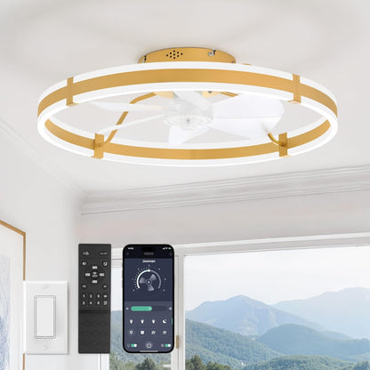 Ceiling Fans with Lights and Remote, 19.7'' Low Profile Ceiling Fan, 3000-6000K Dimmable Modern Flush Mount LED Fan Light, 6 Wind Speeds, Black Fandelier Ceiling Fans for Bedroom
