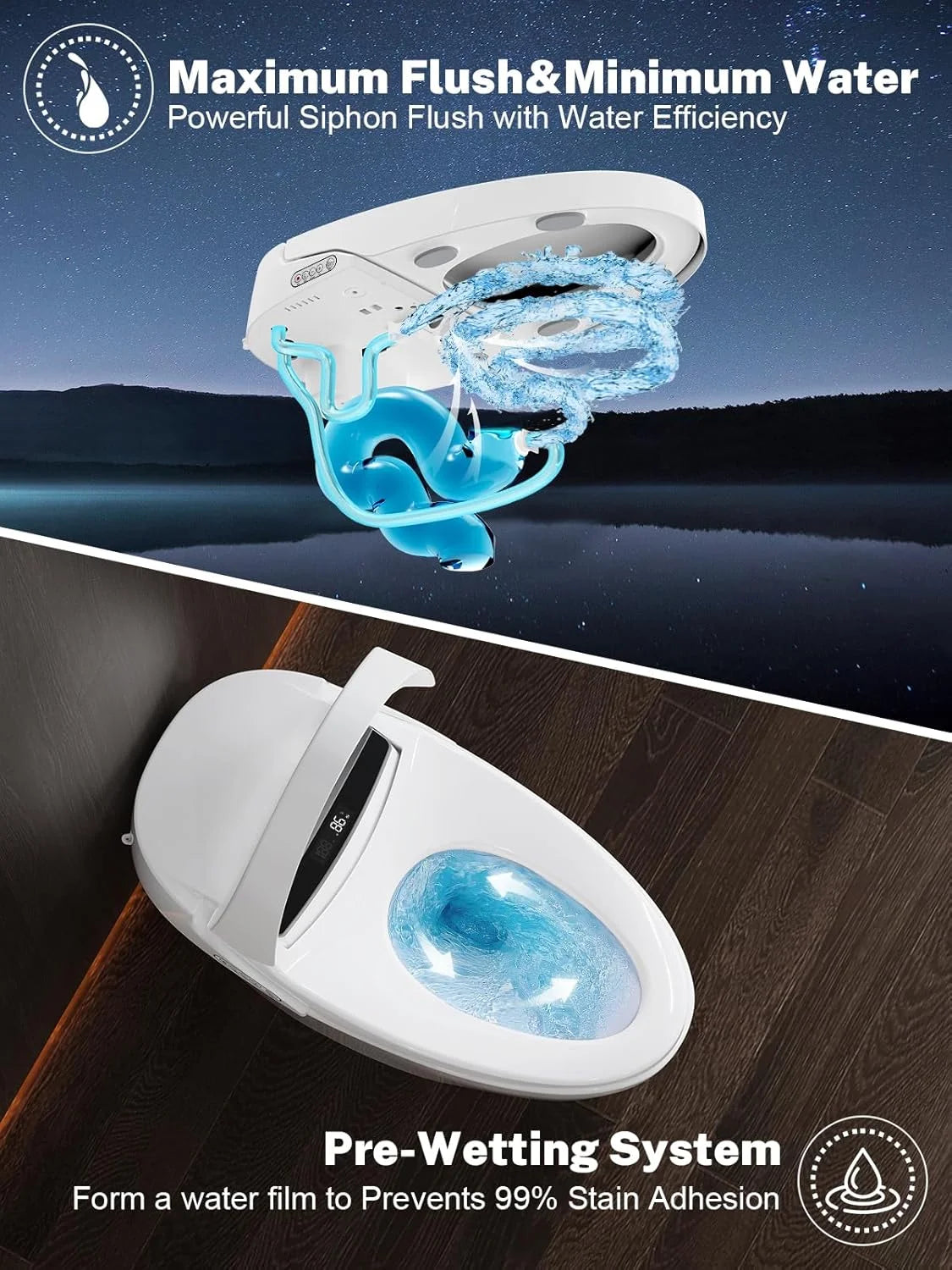 Smart Toilet with Heated Seat and Night Light, Tankless Toilet, Modern One-Piece Toilet Standard Comfort Height Toilet with Auto Flush, Automatic Opening and Closing of Flap/Seat, Slow Close