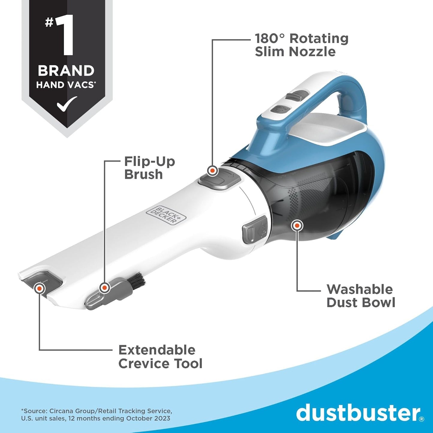 Dustbuster Advancedclean Handheld Vacuum Cordless, Compact Home and Car Vacuum with Crevice Tool ,Rotating Nozzle and Charging Station, Large Dust Bowl (CHV1410L)