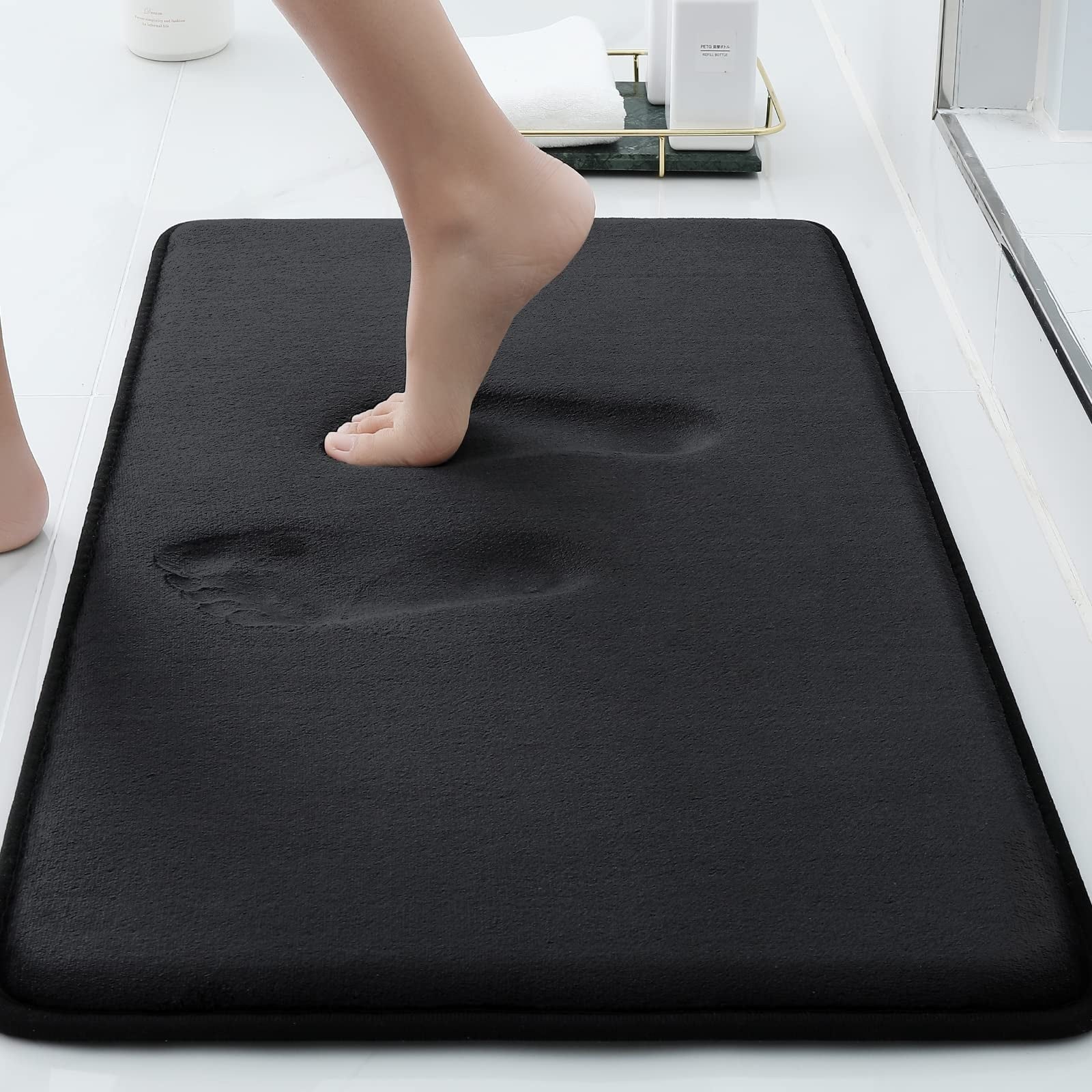 Memory Foam Bathroom Rugs, Absorbent Non-Slip Bath Mat for Bathroom, Soft Washable Bath Rug, 16"×24", Black