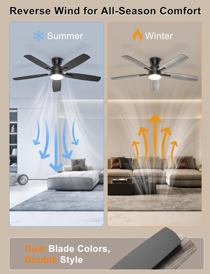 Ceiling Fans with Lights, 52'' Low Profile Ceiling Fan with Light and Remote/App Control, Modern Flush Mount Ceiling Fan for Indoor Bedroom Living Room, Dimmable, Qiuet DC Motor, Black