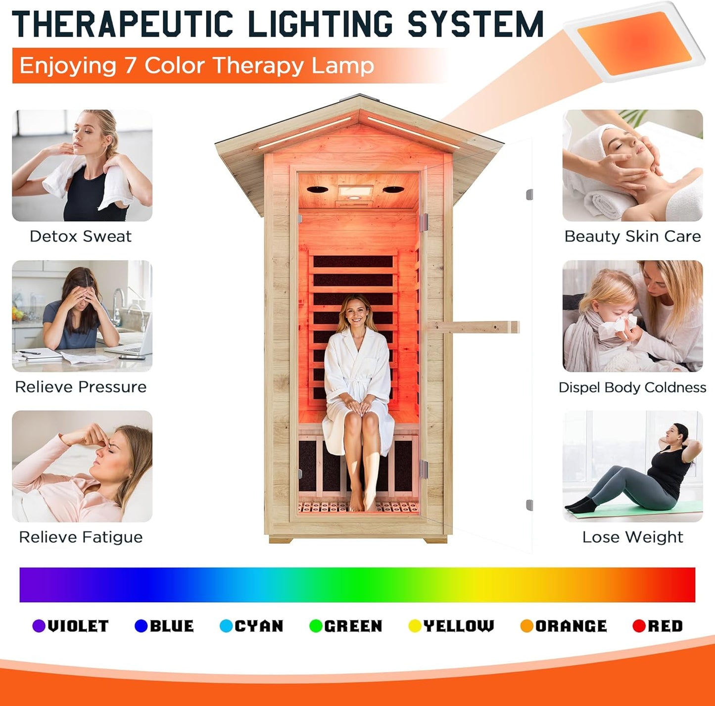 Outdoor Sauna 1 Person, Infrared Saunas for Home, Low EMF 1245W/110V Spruce Wood Dry Sauna with Tourmaline Stone Foot Warmer, 7-Color Light Therapy & 2 Bluetooth Speakers, 33.5"X35.4"X78.7"