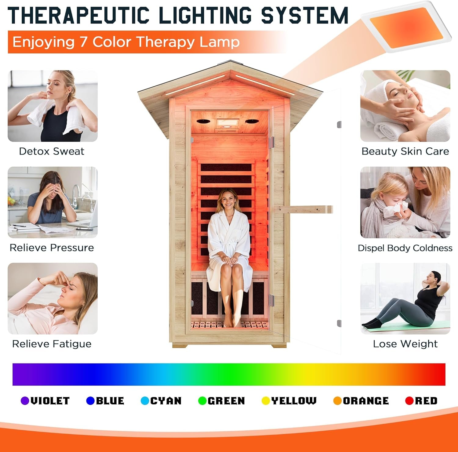 Outdoor Sauna 1 Person, Infrared Saunas for Home, Low EMF 1245W/110V Spruce Wood Dry Sauna with Tourmaline Stone Foot Warmer, 7-Color Light Therapy & 2 Bluetooth Speakers, 33.5"X35.4"X78.7"