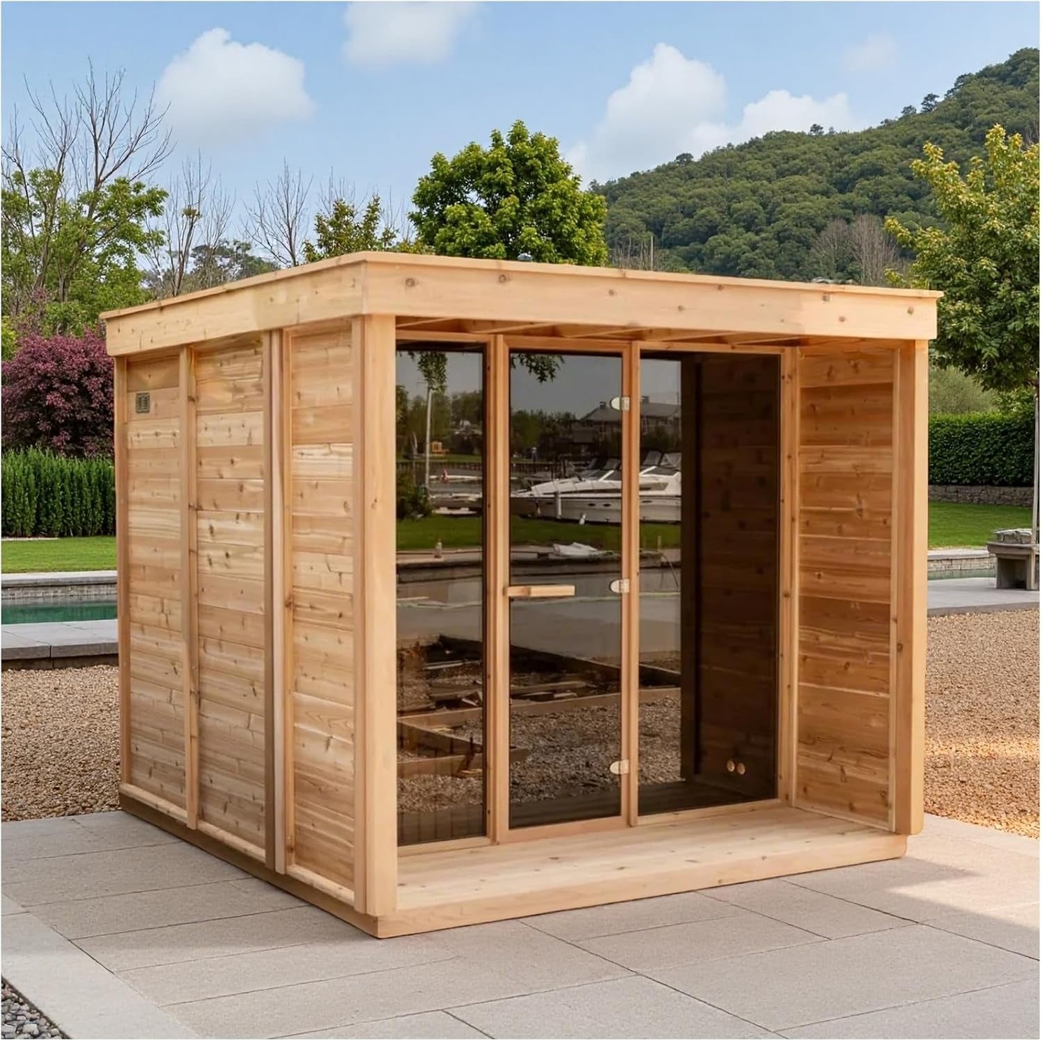 Outdoor Red Cedar Steam Sauna for 8 Person, Modern Square with Porch, Full-Glass Front, 8KW ETL Harvia Heater, LED Lighting, Waterproof Roof, Double Bench, Complete Accessories