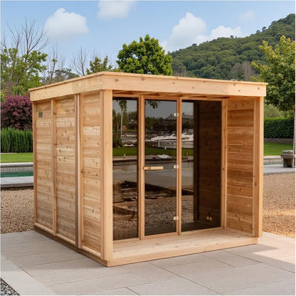 Outdoor Red Cedar Steam Sauna for 8 Person, Modern Square with Porch, Full-Glass Front, 8KW ETL Harvia Heater, LED Lighting, Waterproof Roof, Double Bench, Complete Accessories