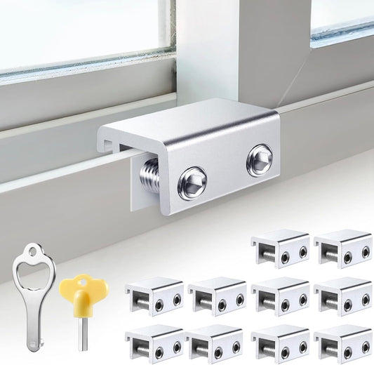 Sliding Window Locks (10 Sets), Security Window Locks with Keys, Adjustable Aluminum Sliding Window Stops, Easy Installation without Drilling, for Vertical and Horizontal Sliding Windows (Silver)