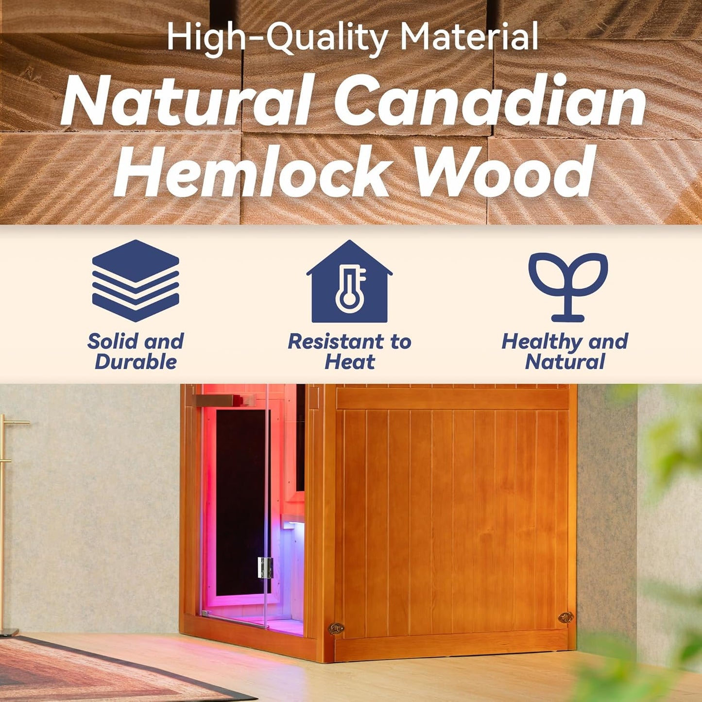 Infrared Home Sauna Room 2 Person Hemlock Wooden Indoor Sauna with 7 Carbon Heaters, Red Light Therapy, Bluetooth Speaker, Intelligent Control Panel, Tempered Glass & Top Vent