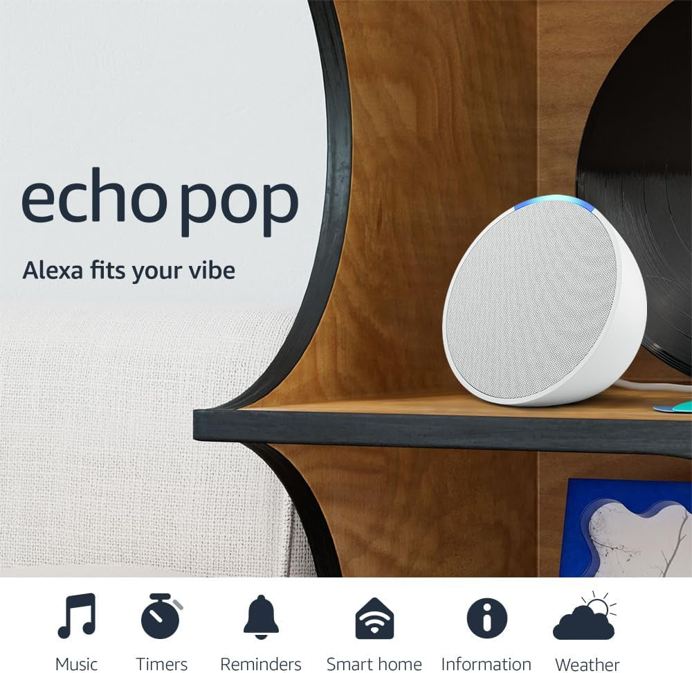 Echo Pop (Newest Model), Our Smallest Speaker with Alexa+ Early Access, Fits in Any Room, Glacier White