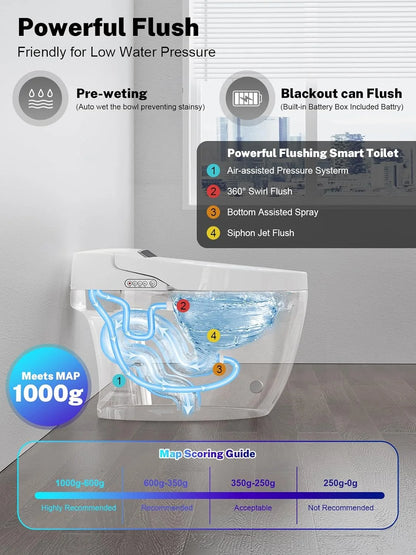 Smart Toilet with Heated Seat and Night Light, Tankless Toilet, Modern One-Piece Toilet Standard Comfort Height Toilet with Auto Flush, Automatic Opening and Closing of Flap/Seat, Slow Close
