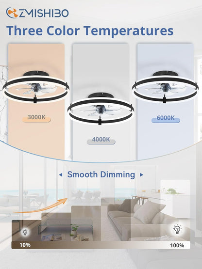 Ceiling Fans with Lights and Remote, 19.7'' Low Profile Ceiling Fan, 3000-6000K Dimmable Modern Flush Mount LED Fan Light, 6 Wind Speeds, Black Fandelier Ceiling Fans for Bedroom