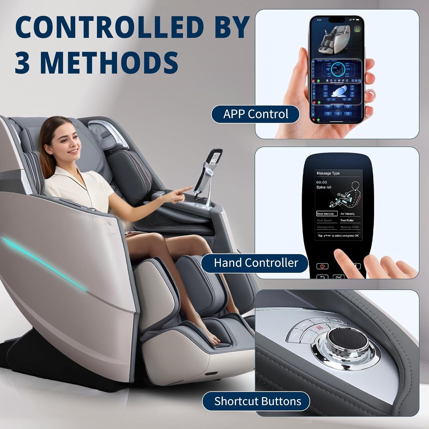 4D Massage Chair Full Body Zero Gravity Recliner - 55“ Sl-Track,20 Auto Modes,11 Massage Technique,40 Airbags Massage,With Yoga Stretch,App Control,Negative Oxygen Lons（Grey）